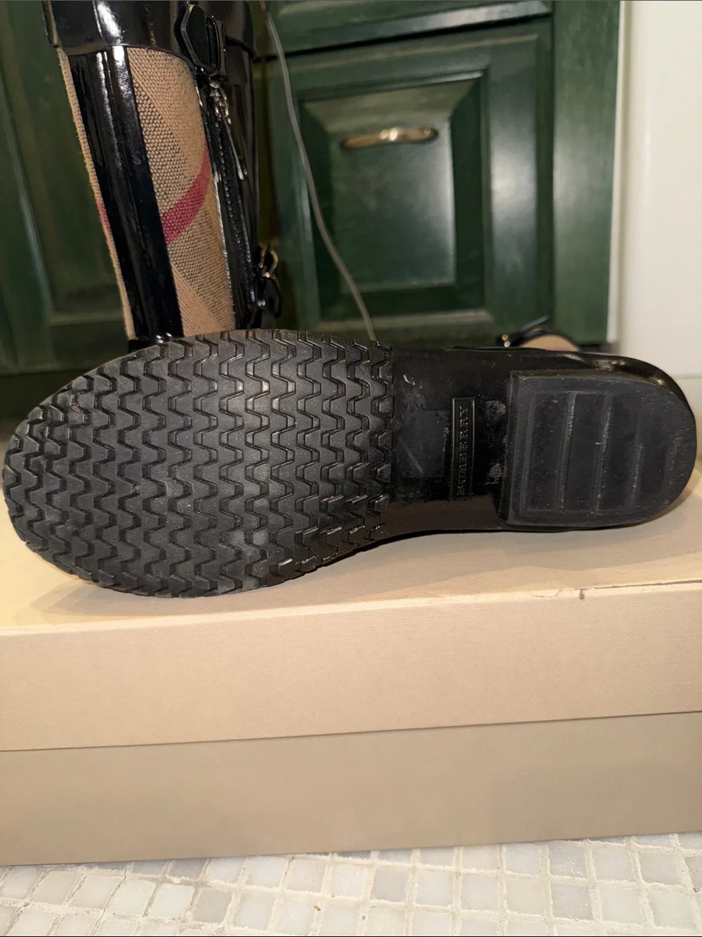 Burberry Black & Tan Patent Check Rain Boots with Buckles
